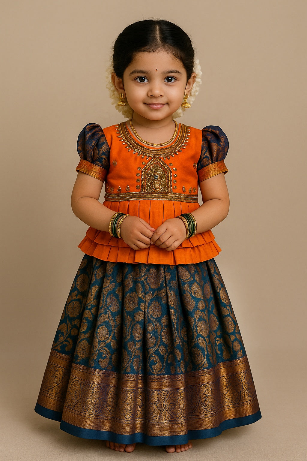 Orange & Blue Premium Aari Pattu Pavadai | CPM_0350
