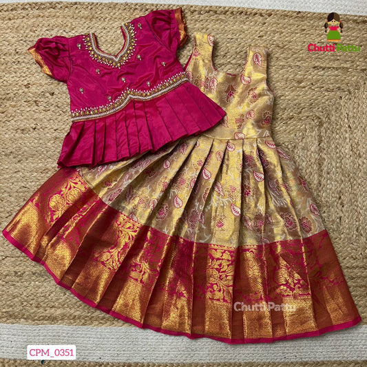 Cream & Pink Premium Peplum Aari Pattu Pavadai | CPM_0351