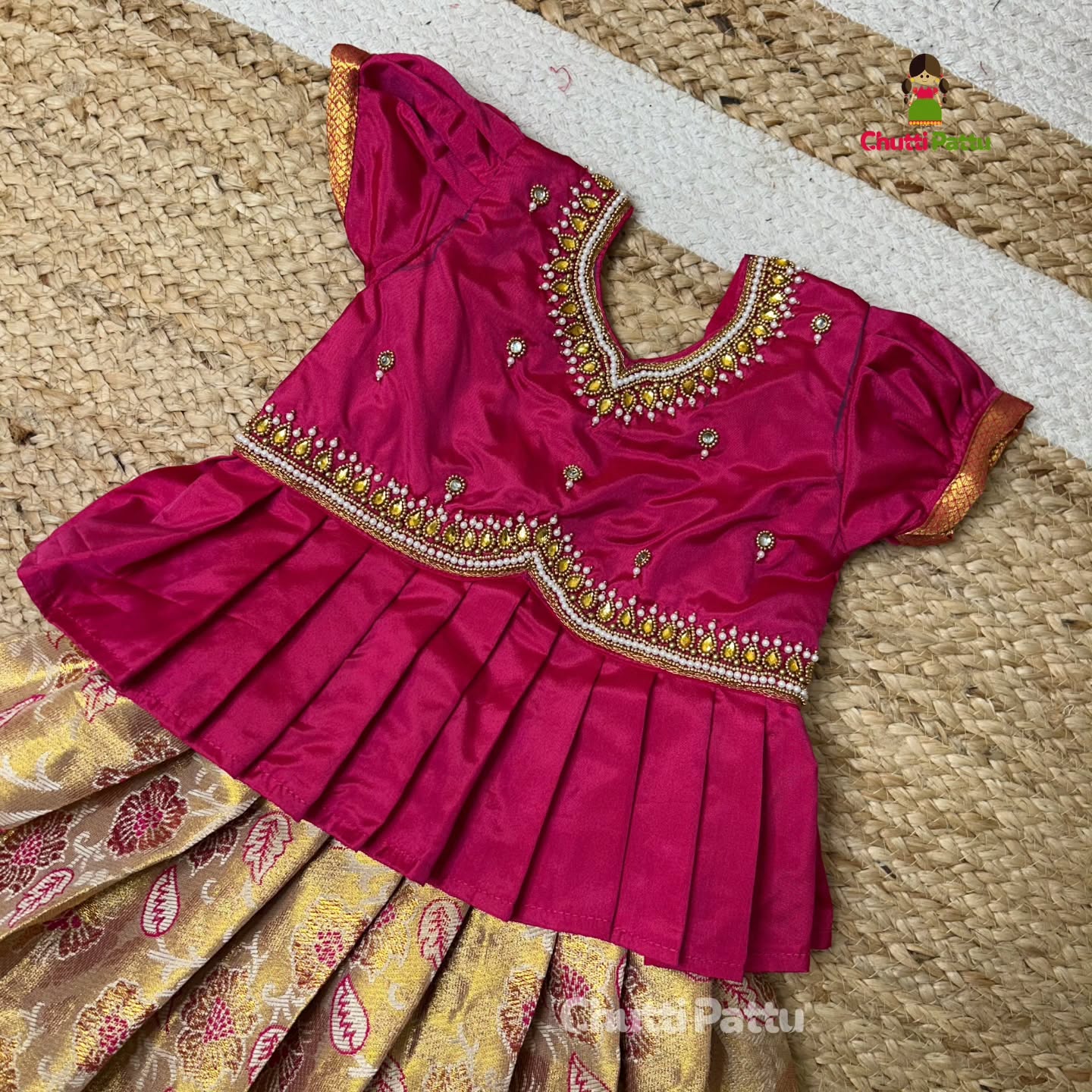 Cream & Pink Premium Peplum Aari Pattu Pavadai | CPM_0351
