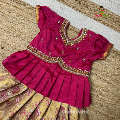 Cream & Pink Premium Peplum Aari Pattu Pavadai | CPM_0351