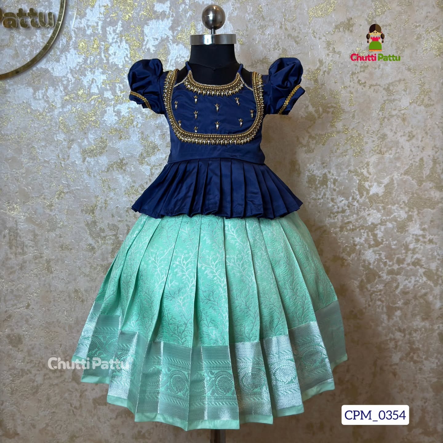 Mint Green & Navy Blue Premium Aari Pattu Pavadai | CPM_0354