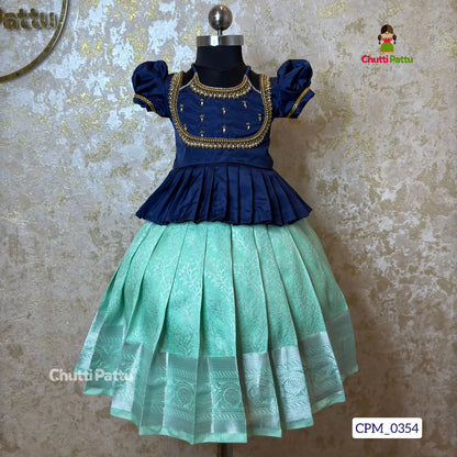 Mint Green & Navy Blue Premium Aari Pattu Pavadai | CPM_0354