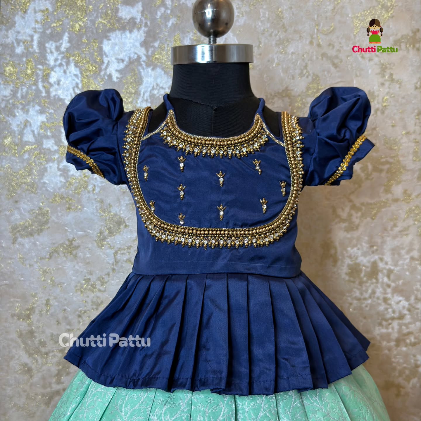 Mint Green & Navy Blue Premium Aari Pattu Pavadai | CPM_0354