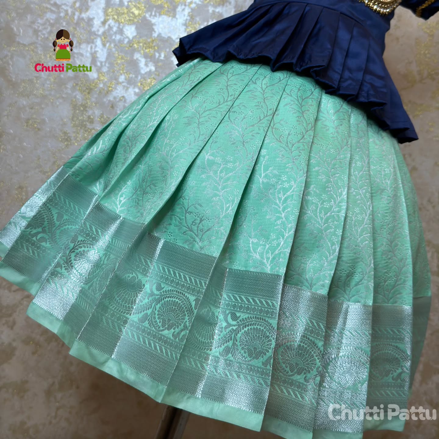 Mint Green & Navy Blue Premium Aari Pattu Pavadai | CPM_0354