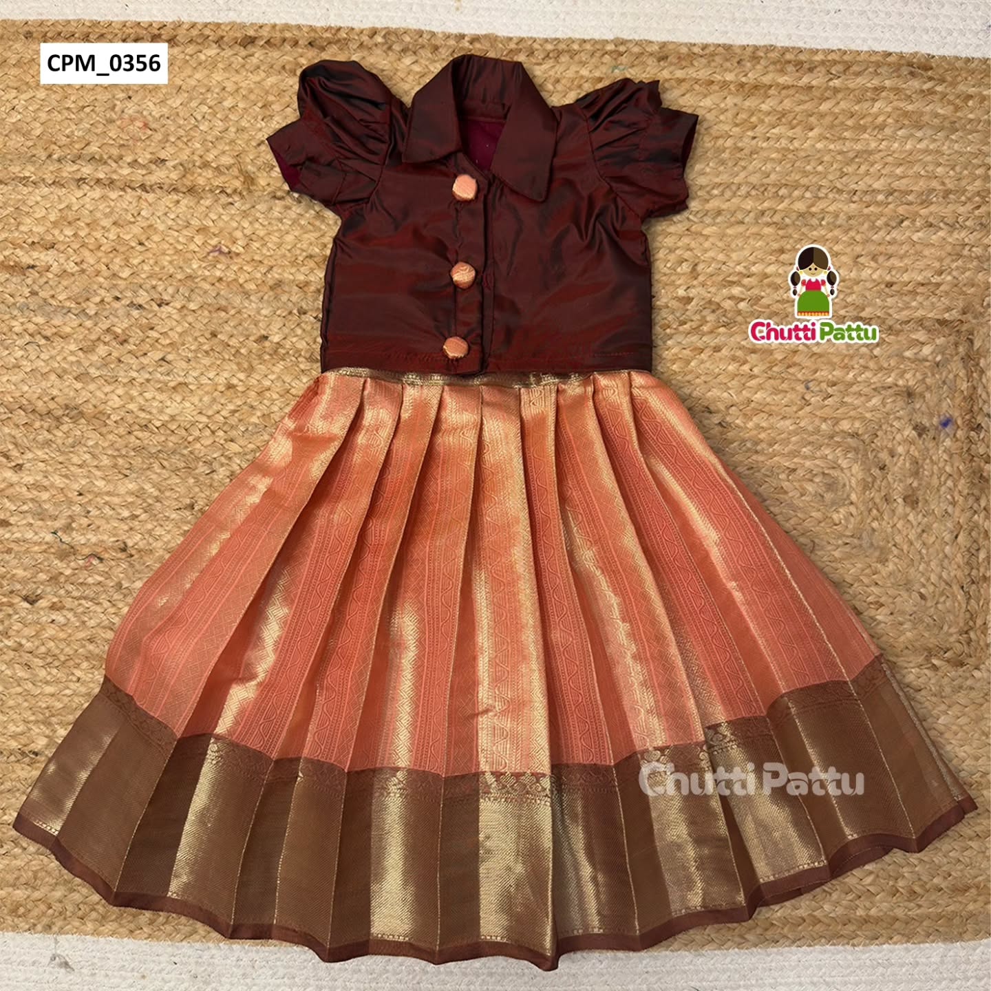 Brown Collar Top & Peach Semi Kanchi Silk Sleeveless Frock | CPM_0356B