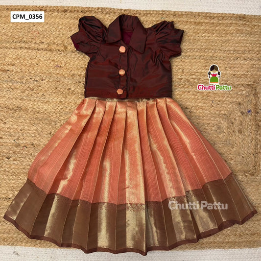 Brown Collar Top & Peach Semi Kanchi Silk Sleeveless Frock | CPM_0356B