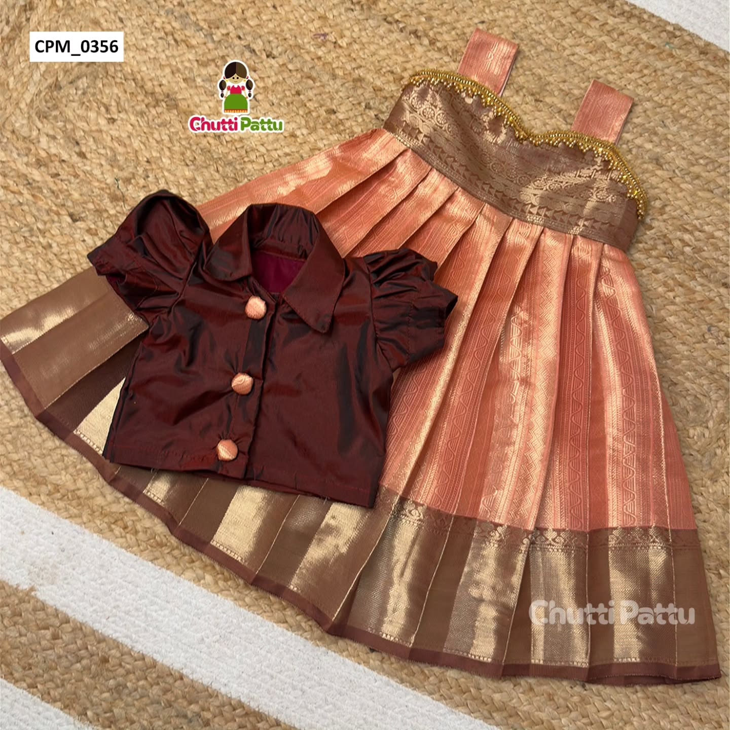 Brown Collar Top & Peach Semi Kanchi Silk Sleeveless Frock | CPM_0356B