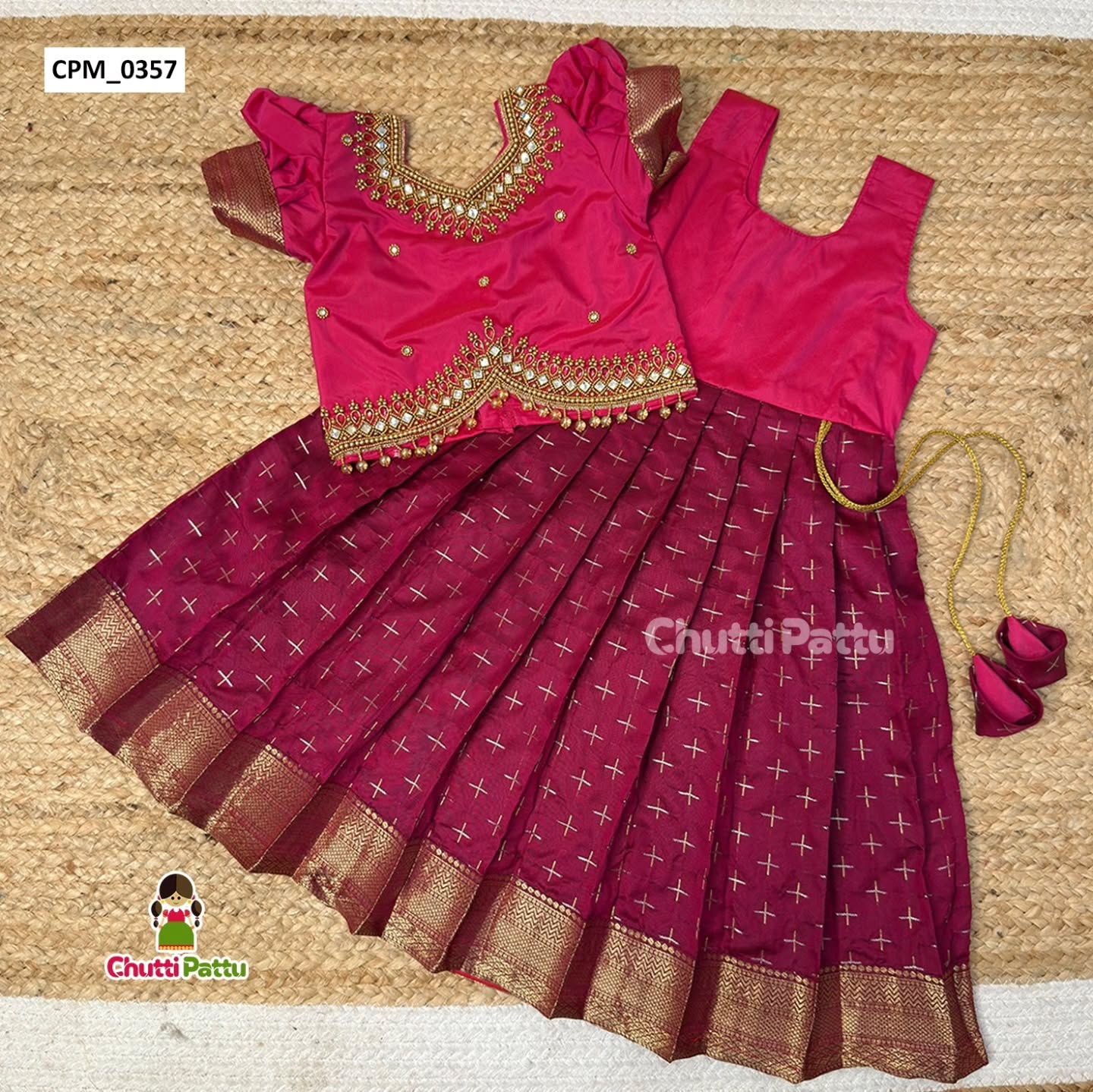Premium Pink & Dark Magenta Aari Work Pattu Pavadai | CPM_0357