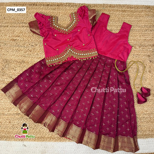 Premium Pink & Dark Magenta Aari Work Pattu Pavadai | CPM_0357