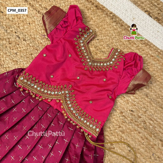 Premium Pink & Dark Magenta Aari Work Pattu Pavadai | CPM_0357