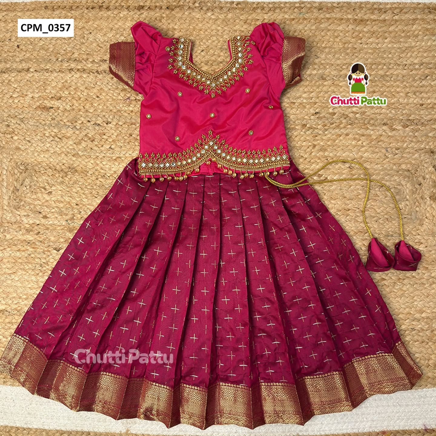 Premium Pink & Dark Magenta Aari Work Pattu Pavadai | CPM_0357