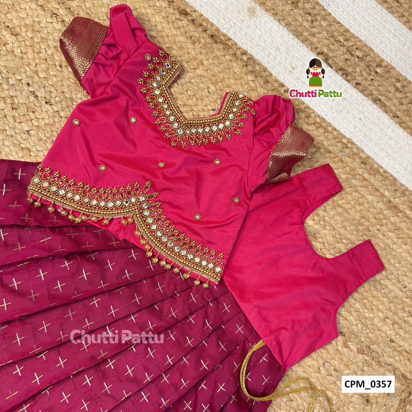 Premium Pink & Dark Magenta Aari Work Pattu Pavadai | CPM_0357