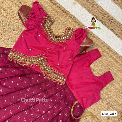 Premium Pink & Dark Magenta Aari Work Pattu Pavadai | CPM_0357