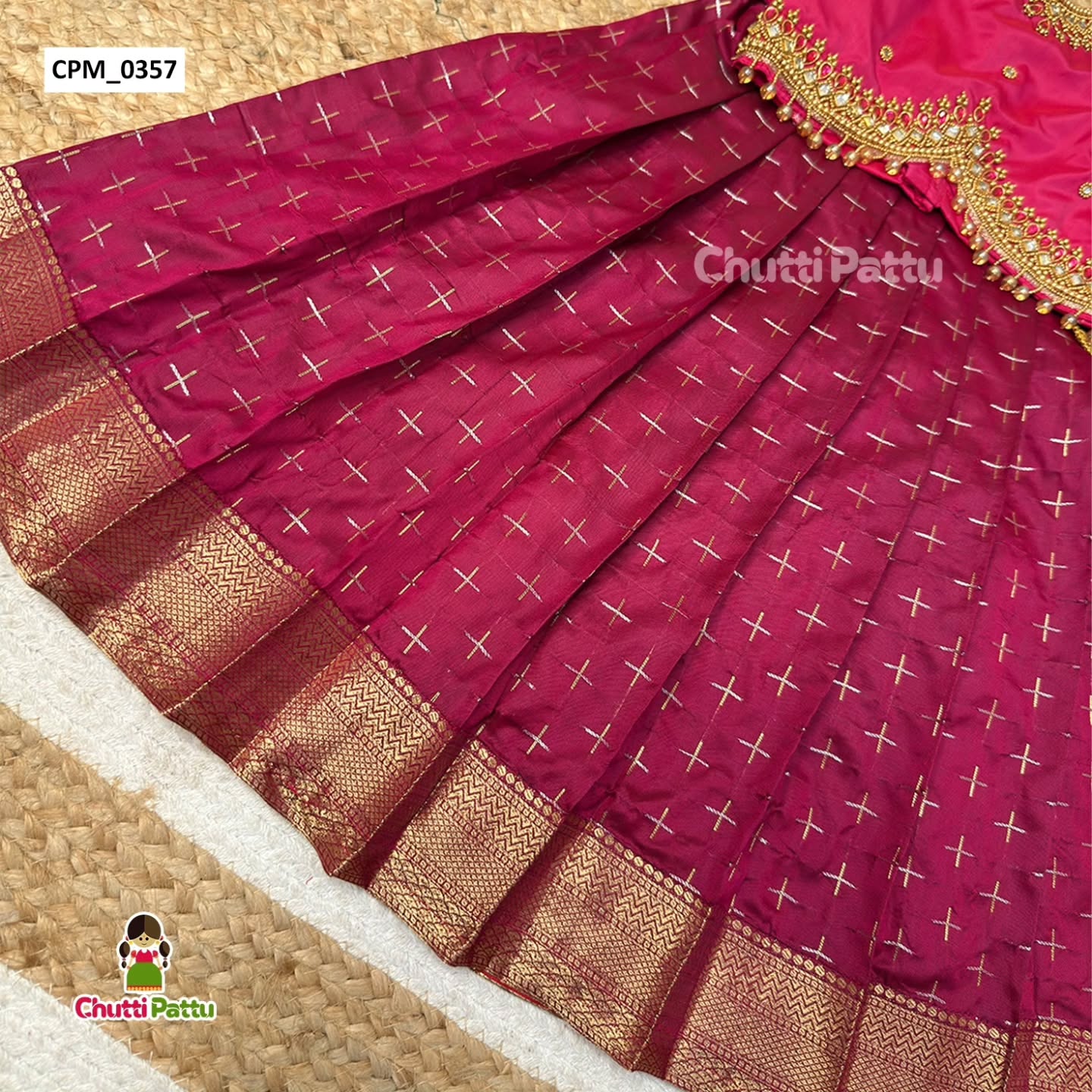 Premium Pink & Dark Magenta Aari Work Pattu Pavadai | CPM_0357