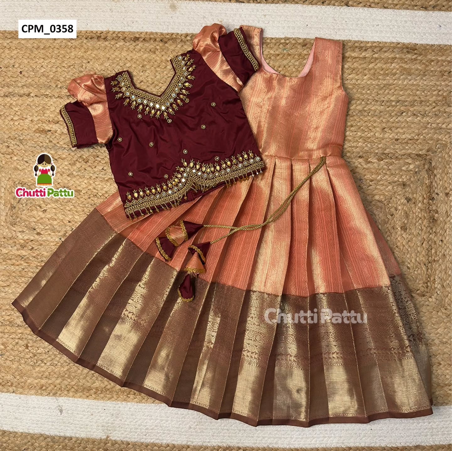 Premium Peach & Brown Aari Work Pattu Pavadai | CPM_0358