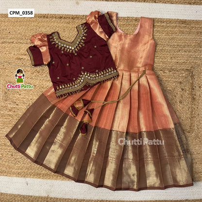 Premium Peach & Brown Aari Work Pattu Pavadai | CPM_0358