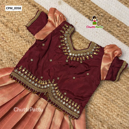 Premium Peach & Brown Aari Work Pattu Pavadai | CPM_0358