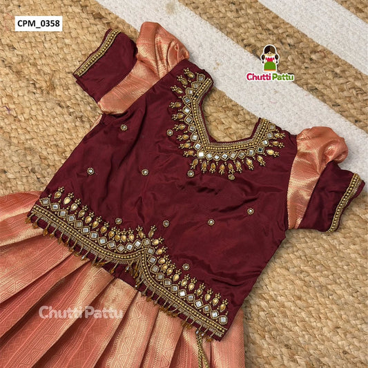 Premium Peach & Brown Aari Work Pattu Pavadai | CPM_0358
