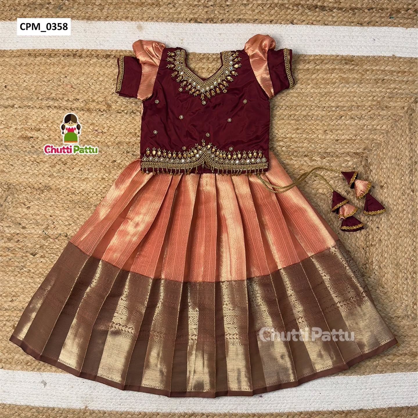 Premium Peach & Brown Aari Work Pattu Pavadai | CPM_0358