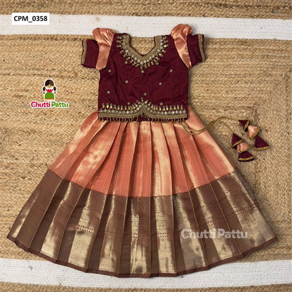 Premium Peach & Brown Aari Work Pattu Pavadai | CPM_0358