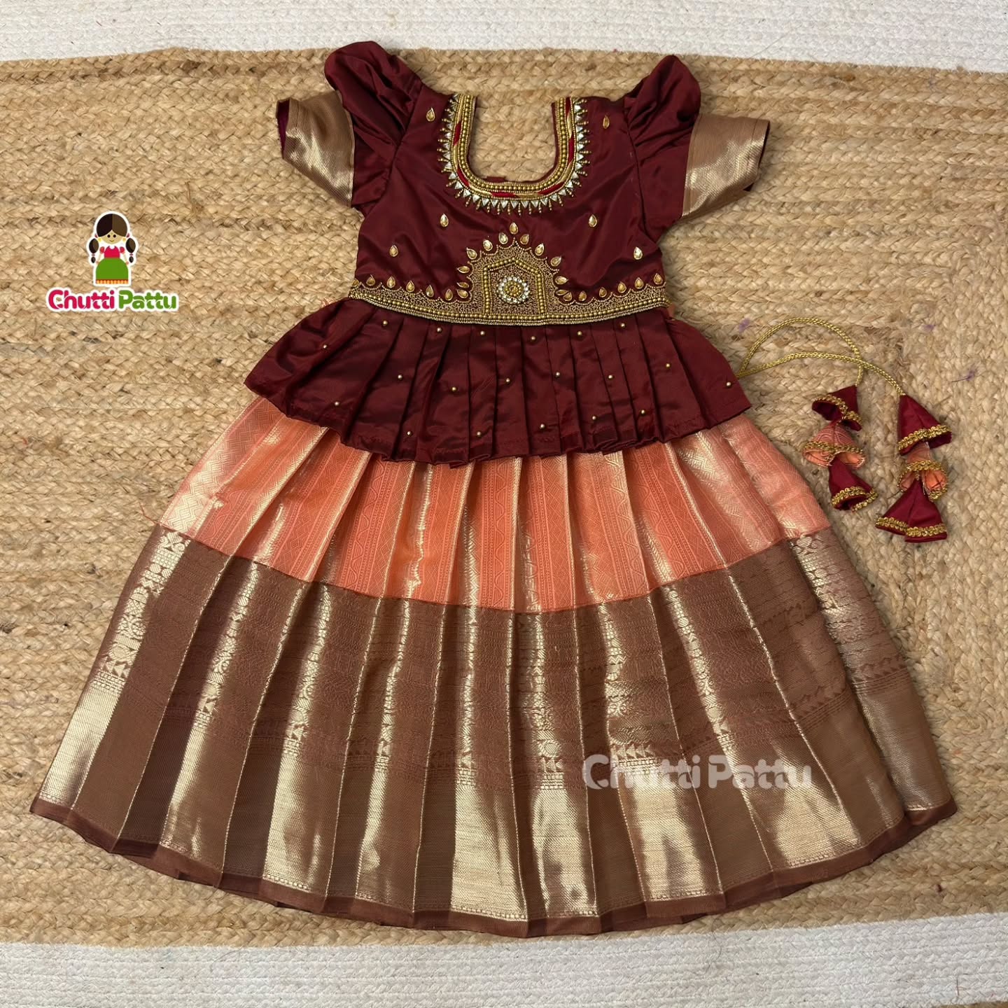 Peach and Brown Aari Pattu Pavadai (Without Pendant) | CPM_0359