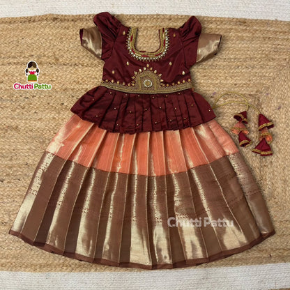 Peach and Brown Aari Pattu Pavadai (Without Pendant) | CPM_0359