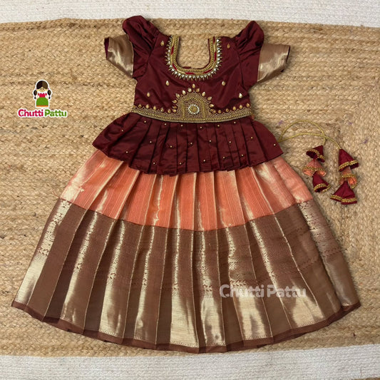 Peach and Brown Aari Pattu Pavadai (Without Pendant) | CPM_0359