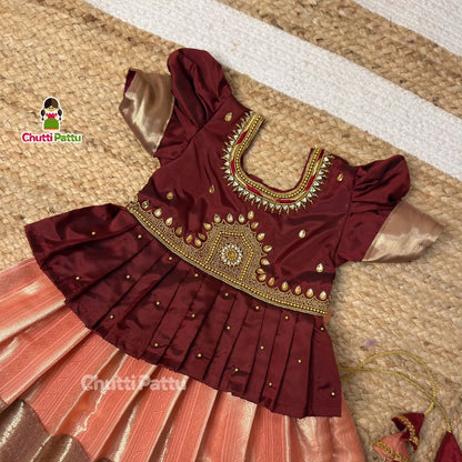 Peach and Brown Aari Pattu Pavadai (Without Pendant) | CPM_0359