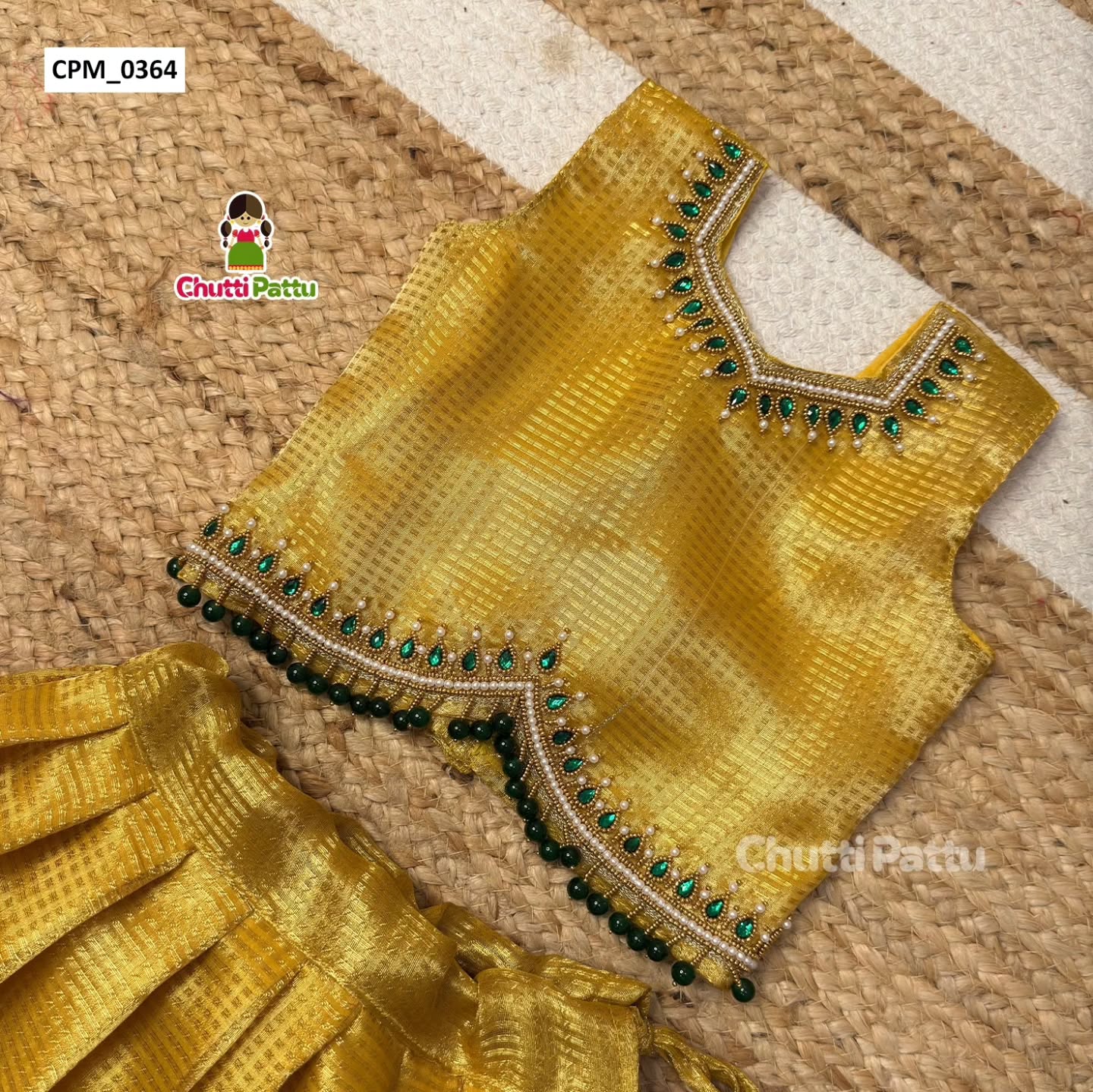 Gold Tissue Silk Aari Work Top & Skirt | CPM_0364