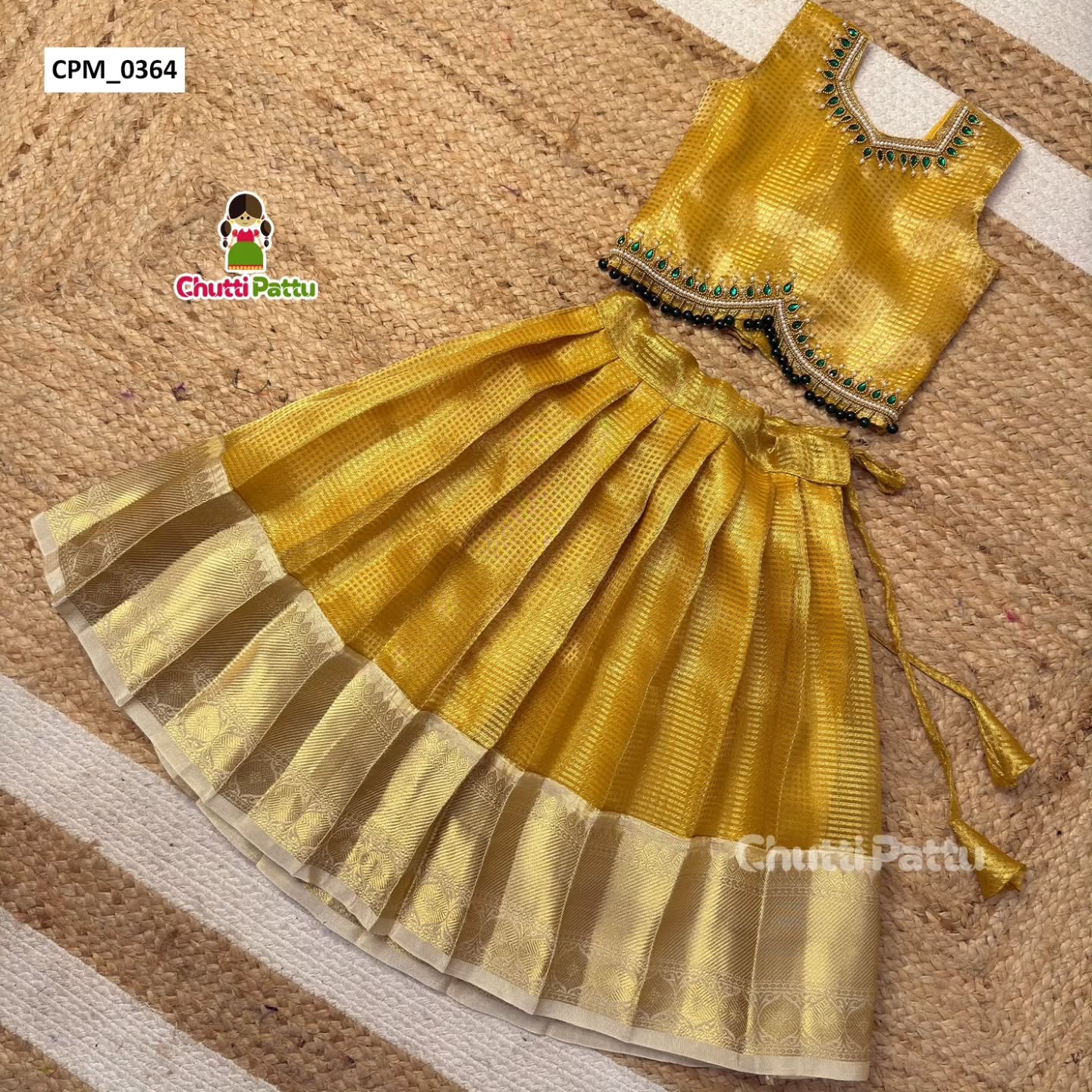 Gold Tissue Silk Aari Work Top & Skirt | CPM_0364