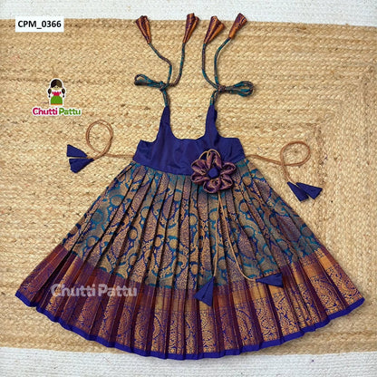 Peacock Blue Kanchi Silk Tie-Up Frock | CPM_0366