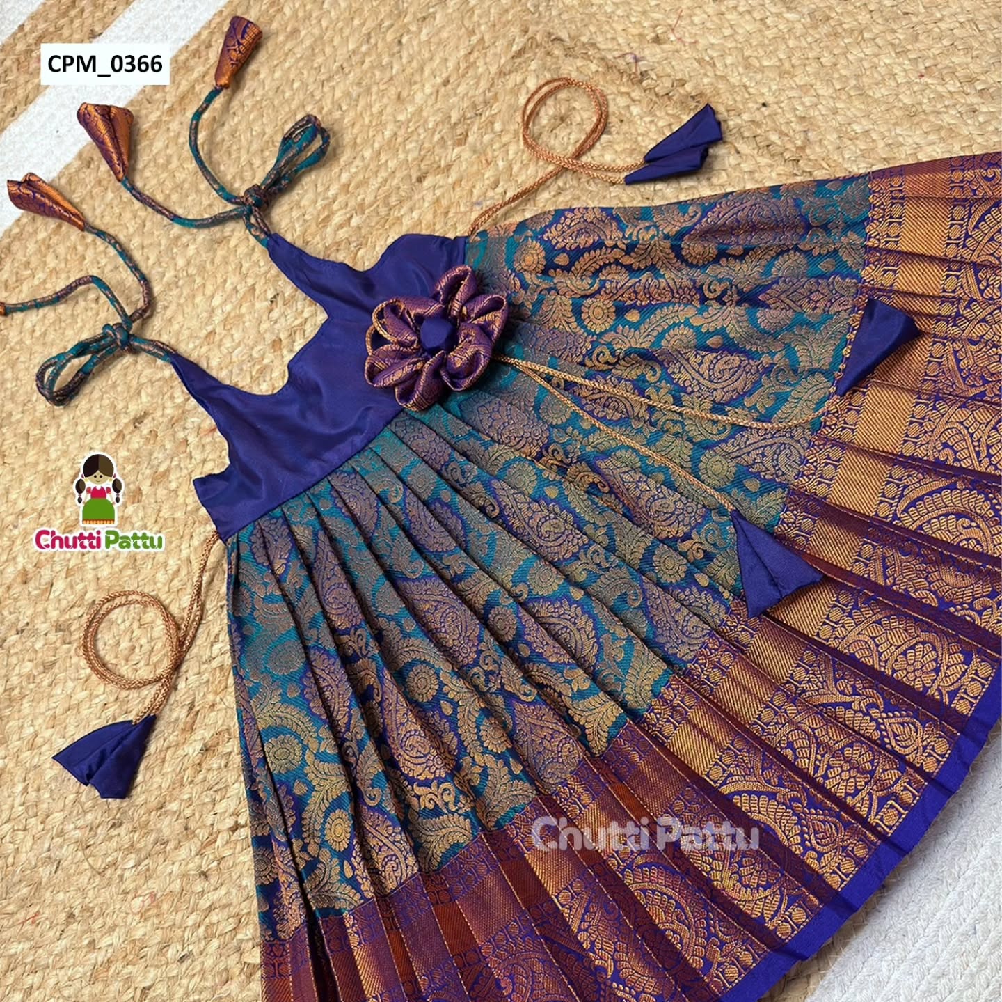 Peacock Blue Kanchi Silk Tie-Up Frock | CPM_0366
