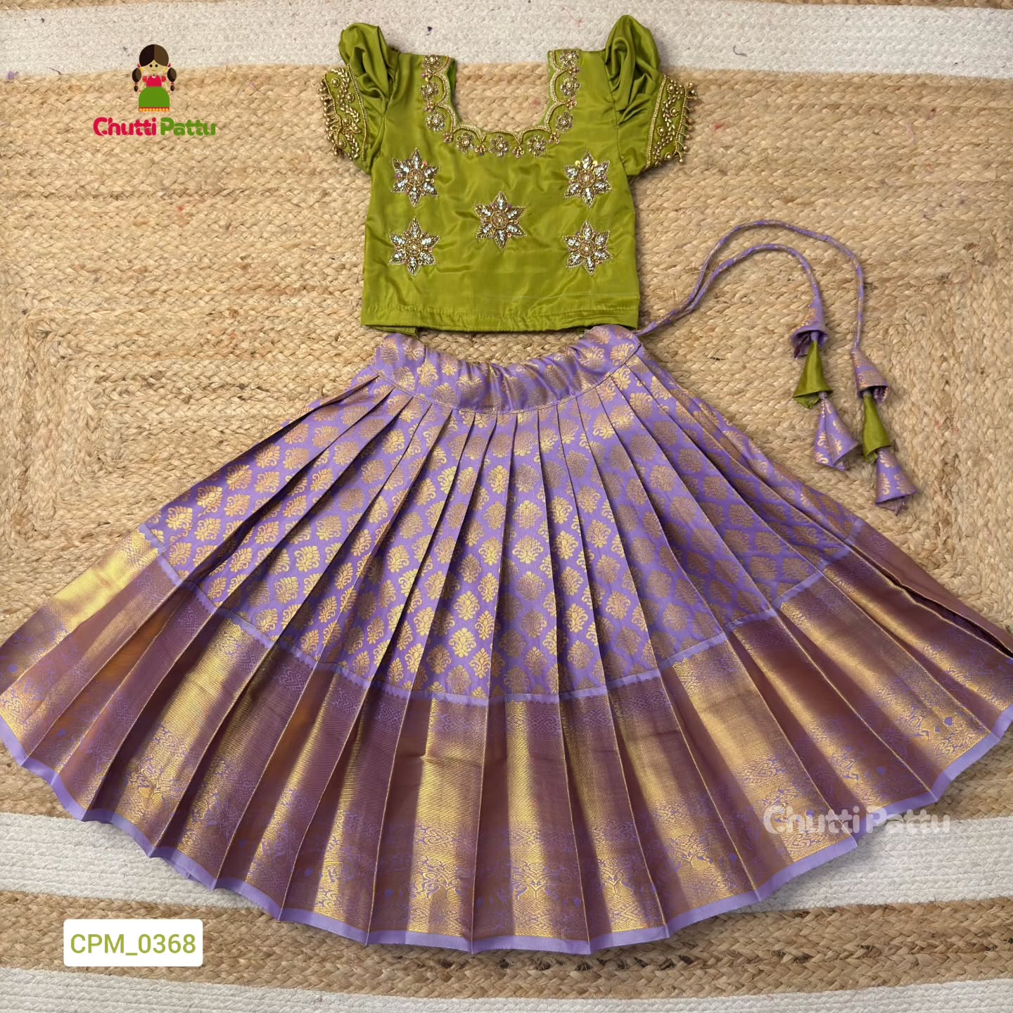 Pear Green & Lavender Premium Aari Work Pattu Pavadai (With Dupatta) | CPM_0368