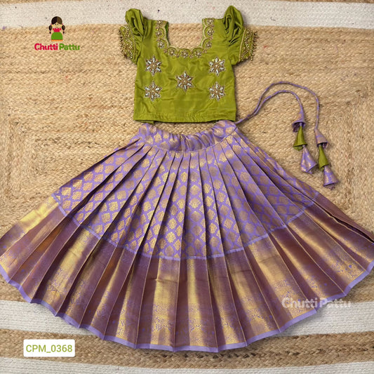 Pear Green & Lavender Premium Aari Work Pattu Pavadai (Without Dupatta) | CPM_0368A