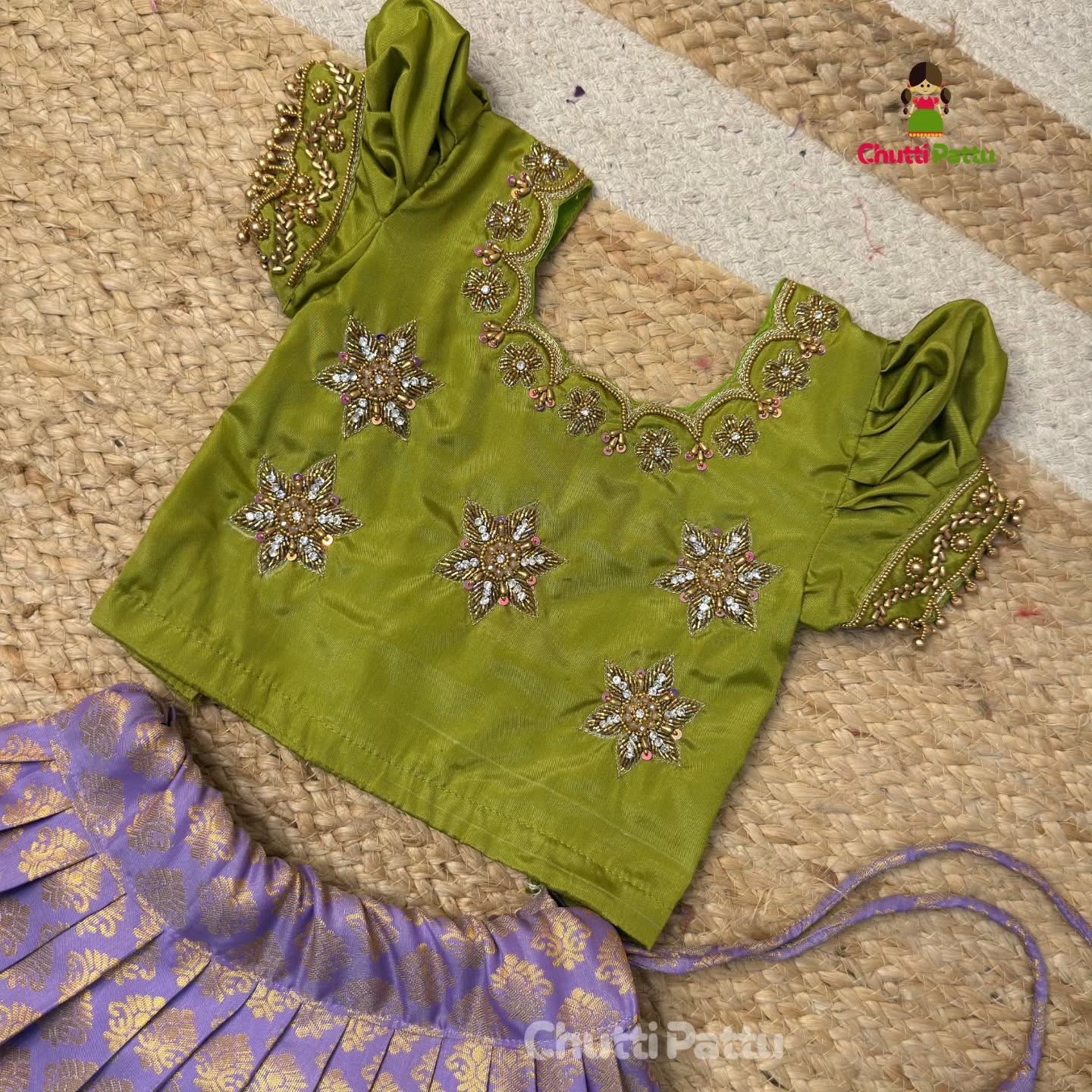 Pear Green & Lavender Premium Aari Work Pattu Pavadai (With Dupatta) | CPM_0368