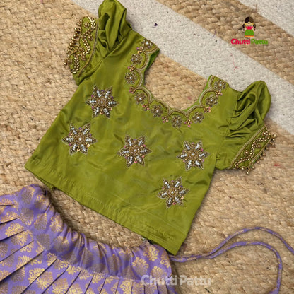 Pear Green & Lavender Premium Aari Work Pattu Pavadai (With Dupatta) | CPM_0368