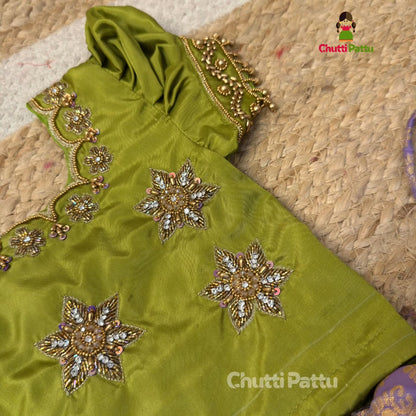 Pear Green & Lavender Premium Aari Work Pattu Pavadai (With Dupatta) | CPM_0368