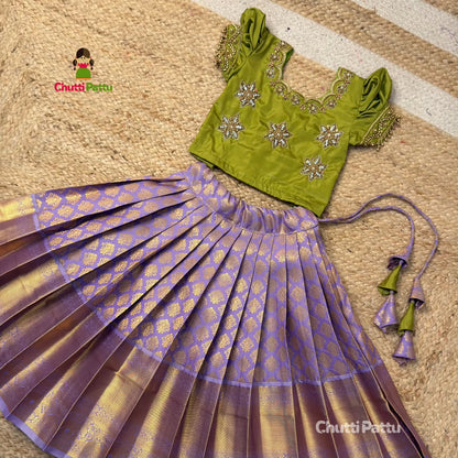 Pear Green & Lavender Premium Aari Work Pattu Pavadai (With Dupatta) | CPM_0368