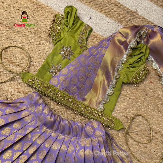 Pear Green & Lavender Premium Aari Work Pattu Pavadai (With Dupatta) | CPM_0368