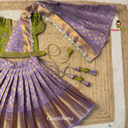 Pear Green & Lavender Premium Aari Work Pattu Pavadai (With Dupatta) | CPM_0368