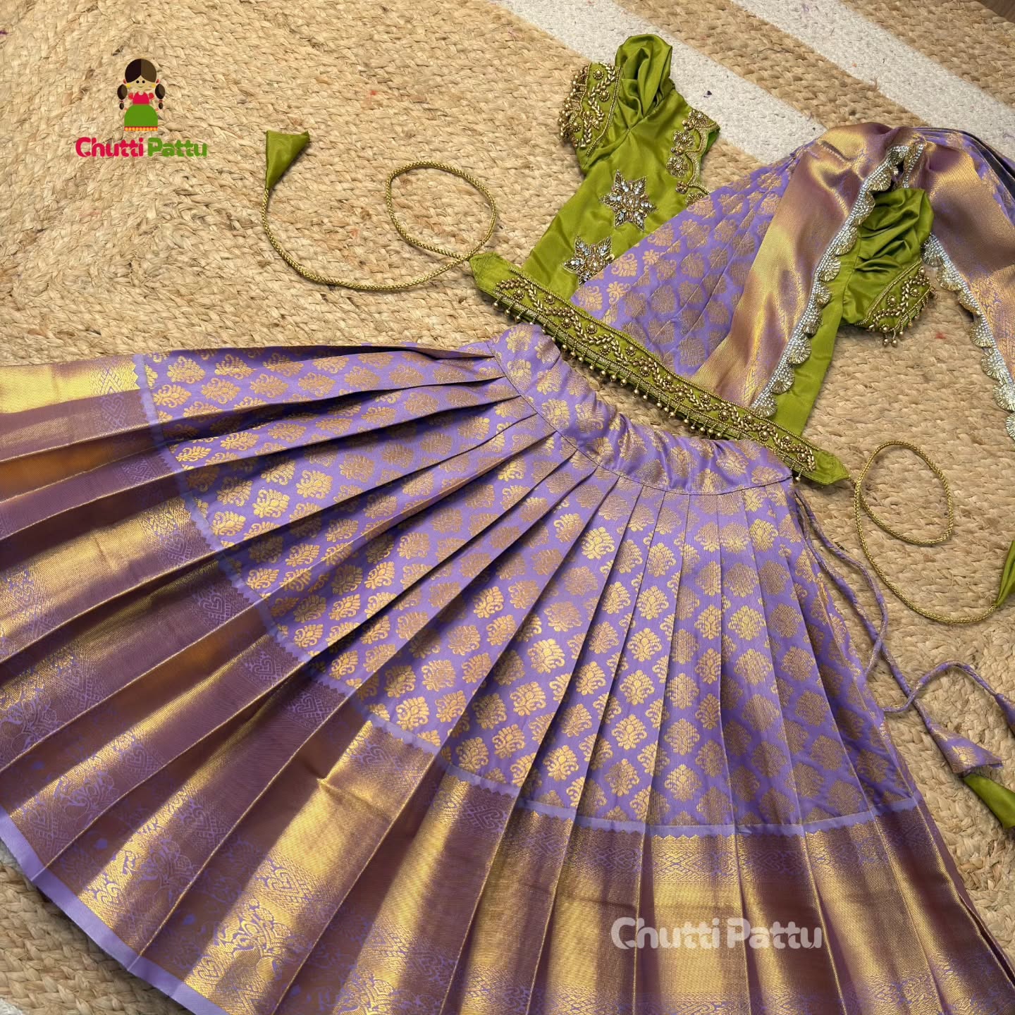 Pear Green & Lavender Premium Aari Work Pattu Pavadai (With Dupatta) | CPM_0368