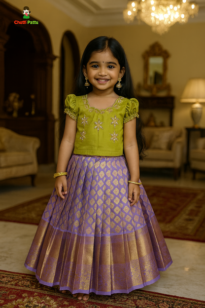 Pear Green & Lavender Premium Aari Work Pattu Pavadai (With Dupatta) | CPM_0368