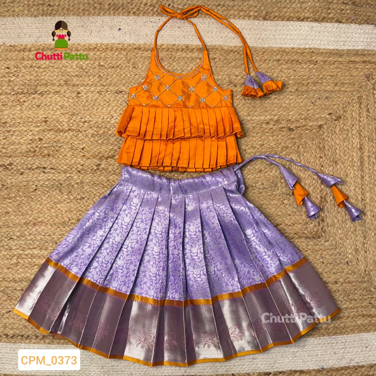 Light Orange & Lavender Kanchi Silk Halter Neck Frock | CPM_0373