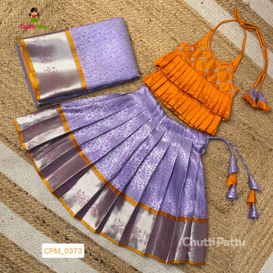 Light Orange & Lavender Kanchi Silk Halter Neck Frock | CPM_0373
