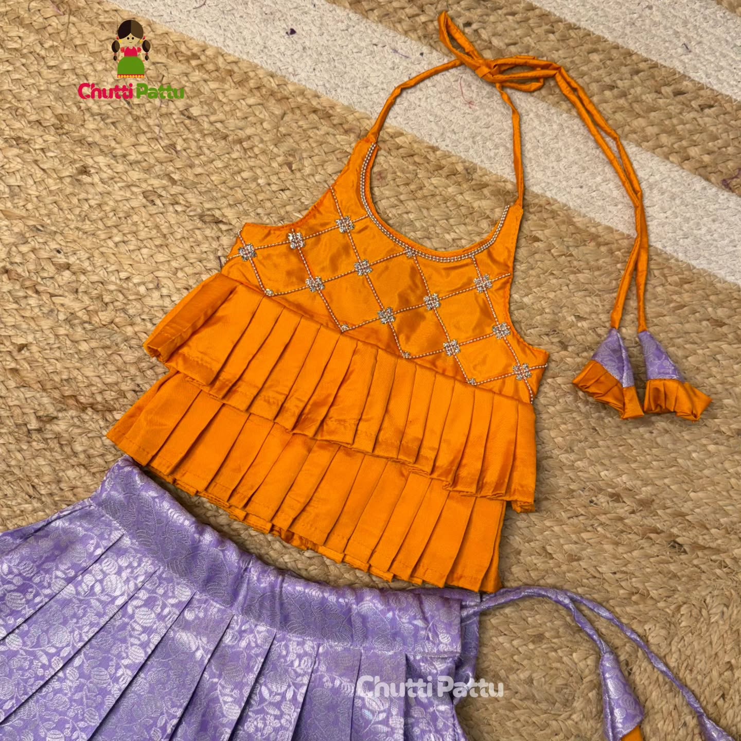 Light Orange & Lavender Kanchi Silk Halter Neck Frock | CPM_0373