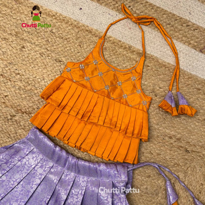 Light Orange & Lavender Kanchi Silk Halter Neck Frock | CPM_0373