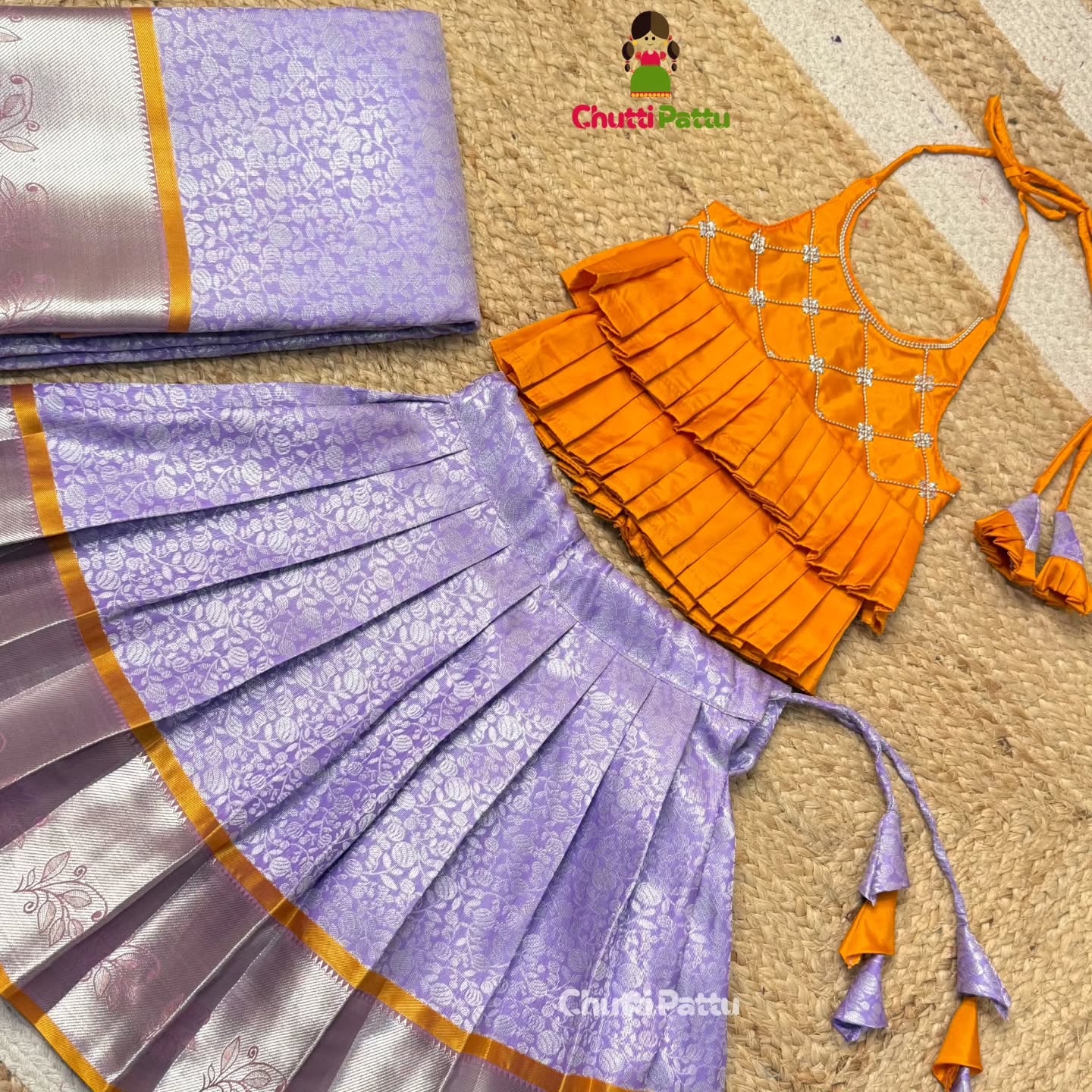 Light Orange & Lavender Kanchi Silk Halter Neck Frock | CPM_0373