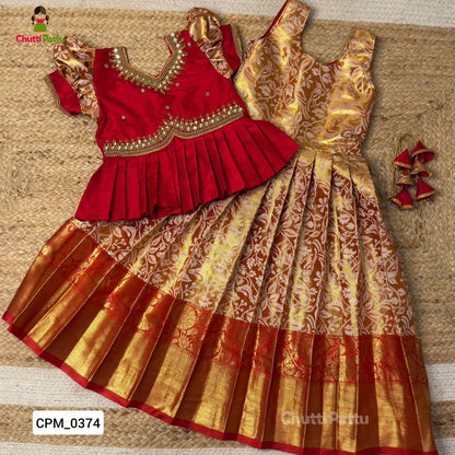 Golden Red Premium Aari Work Peplum Pattu Pavadai | CPM_0374