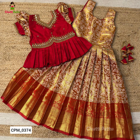 Golden Red Premium Aari Work Peplum Pattu Pavadai | CPM_0374