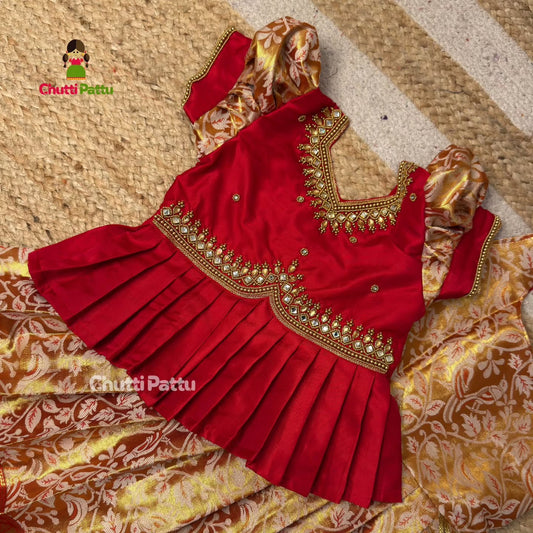Golden Red Premium Aari Work Peplum Pattu Pavadai | CPM_0374